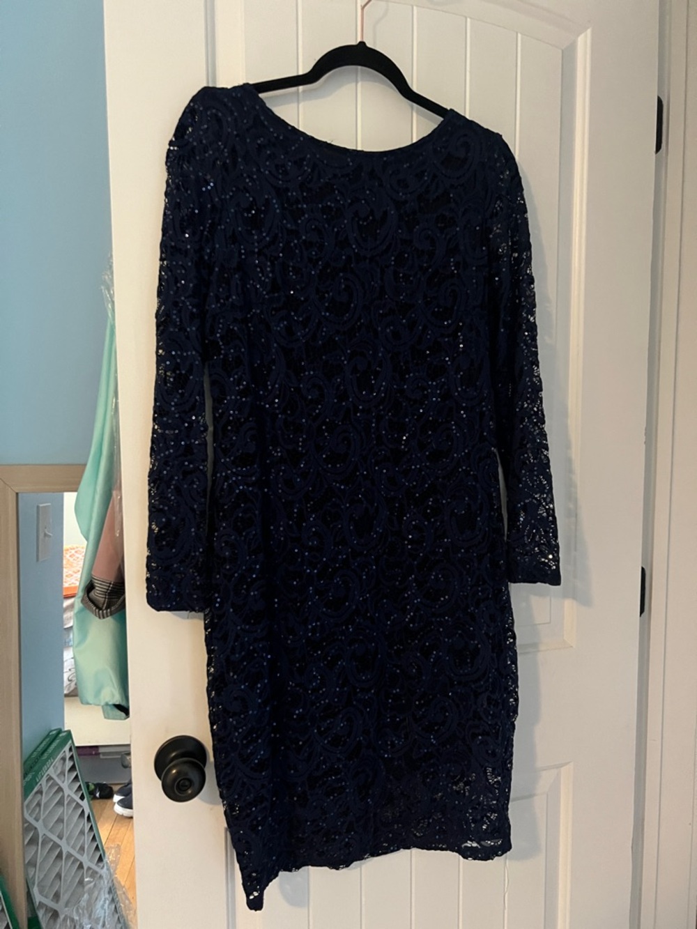 MARINA Navy Lace Sequin Long Sleeve Dress